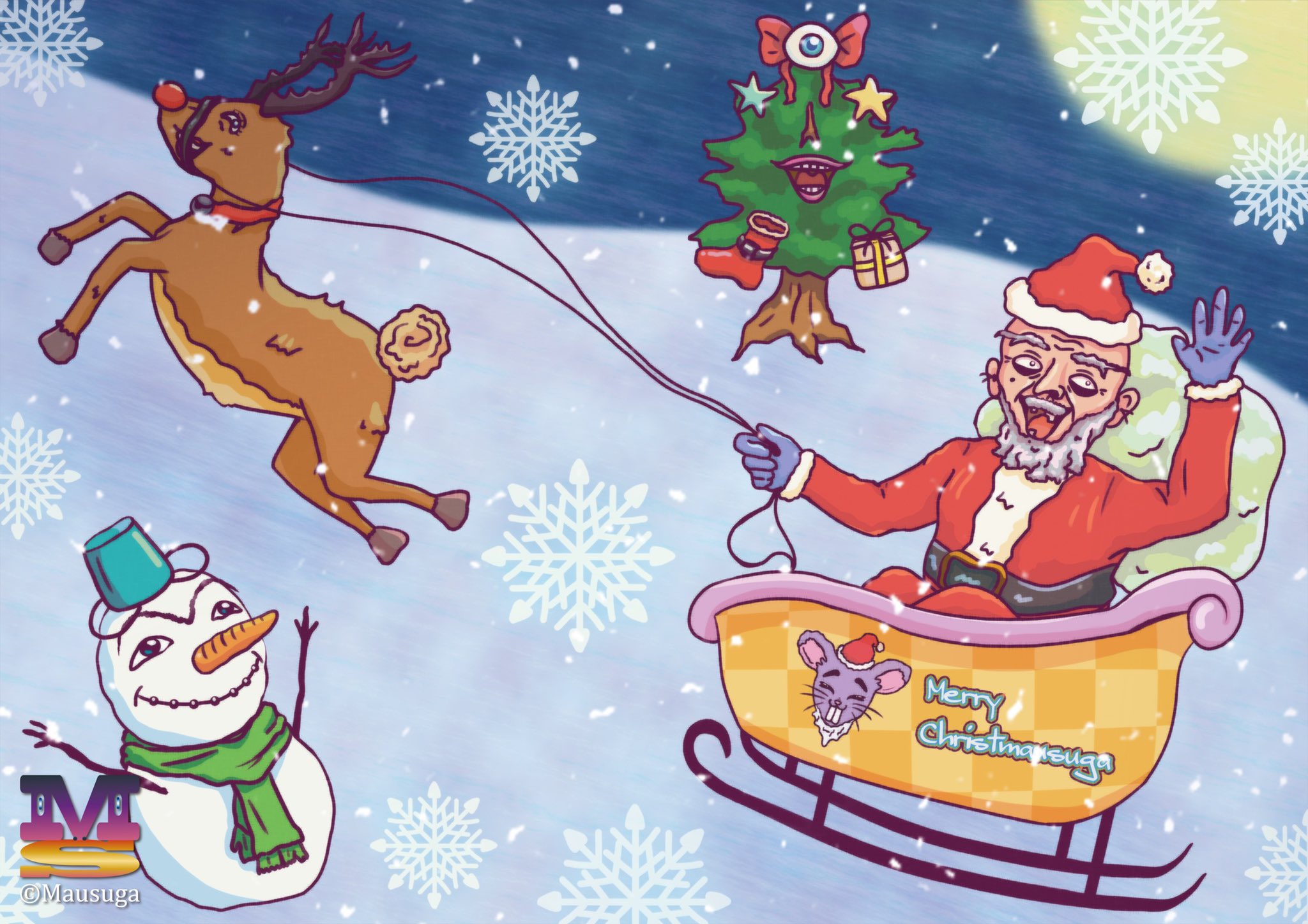 まうすが 新作イラスト公開 約3ヶ月ぶりとなる完全新作 メリークリスまうすが クリスマスを描いた作品 まうすがらしく少しキモいけど憎めないキャラクター達が登場しております デジタルイラスト デジタルアート クリスマスイラスト サンタさん