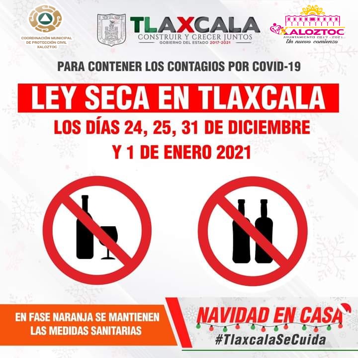 PcXaloztoc's tweet photo. #LeySeca🚫 | ¡Por el bien de todos habrá ley seca! Esto para contener el número de contagios por #Covid_19, el Consejo Estatal de Salud, notificó la aplicación de la #LeySeca en los 60 municipios. En estás fechas @PC_EDO_TLAX y @PcXaloztoc Estaremos trabajando por tu bien. https://t.co/FoAdT2ej7t