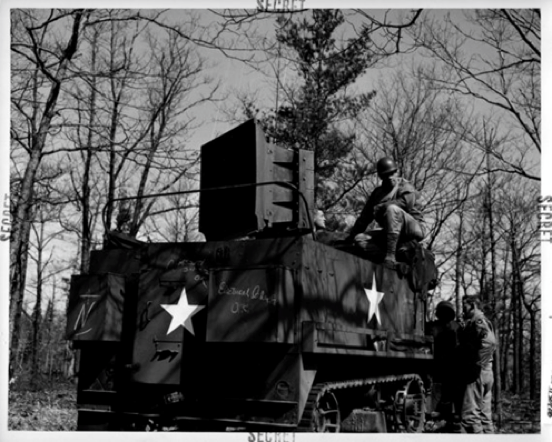 The sonic deception company, 3132nd Signal Service Company Special, had vehicle mounted loudspeakers on half-track personnel carriers. This unit was able broadcast over great distances the sounds of troops, vehicles, weapons fire and aircraft. The OG  #SpeakerMonkeys 12/