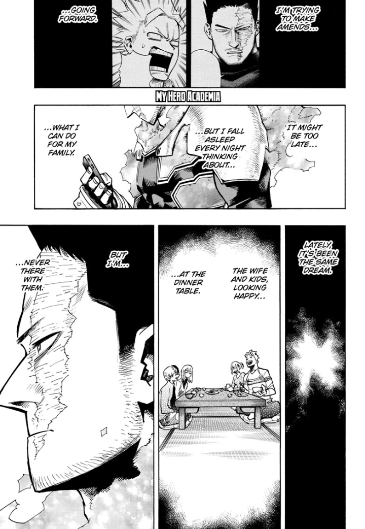 This is REALLY BAD for a lot of people but ESPECIALLY for Endeavor and the Todoroki family. Endeavor was on the path of atonement and was doing a lot better as we had seen throughout the Endeavor Agency Arc. However, Dabi being Touya throws a pretty big wrench into things.
