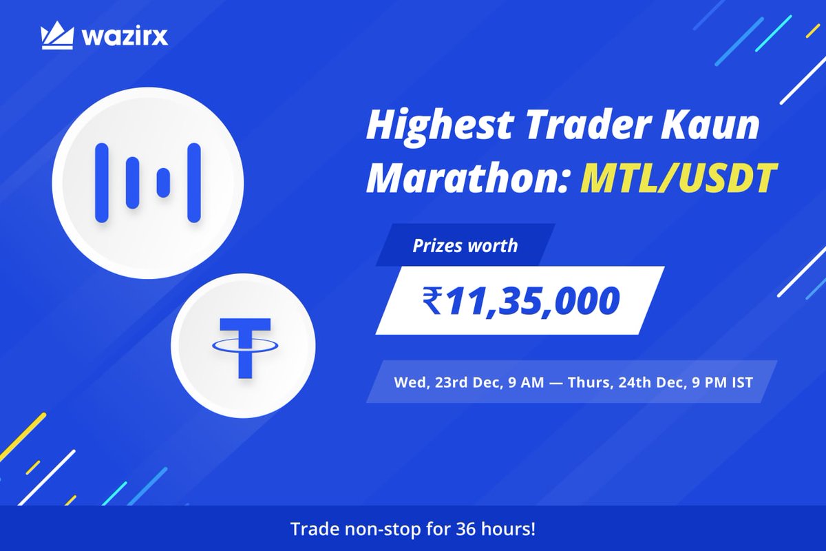foundermyvlk's tweet photo. ₹11,35,000 worth MTL up for grabs 🚀

@WazirXIndia running Highest Trader Kaun Marathon: MTL/USDT until 9 PM IST today.

Prizes for top 150 traders including:
🥇 ₹1,87,000
🥈 ₹1,12,200
🥉 ₹65,450
Participate &amp; win 👇
https://t.co/jmMoPvhMvY

#WazirxWarriors 
#indiaWantsCrypto https://t.co/uJbZzzWkco