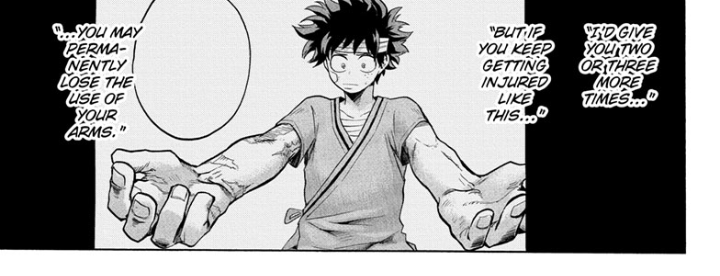This lack of care for himself when saving others is something he is going to have to face head-on. Not only because his arms are destroyed, but also because he now has a quirk that alerts him of everyone around him that is in danger. He needs to realize he can't save everyone.