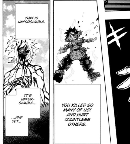 Yes, Shiggy has committed unforgivable acts and should face judgement for those acts. Deku even acknowledges this in chap 295. However, as the 1st user of OFA stated, Deku's drive to save eclipses all common understanding. Deku can't help but feel he should save Shiggy from AFO.