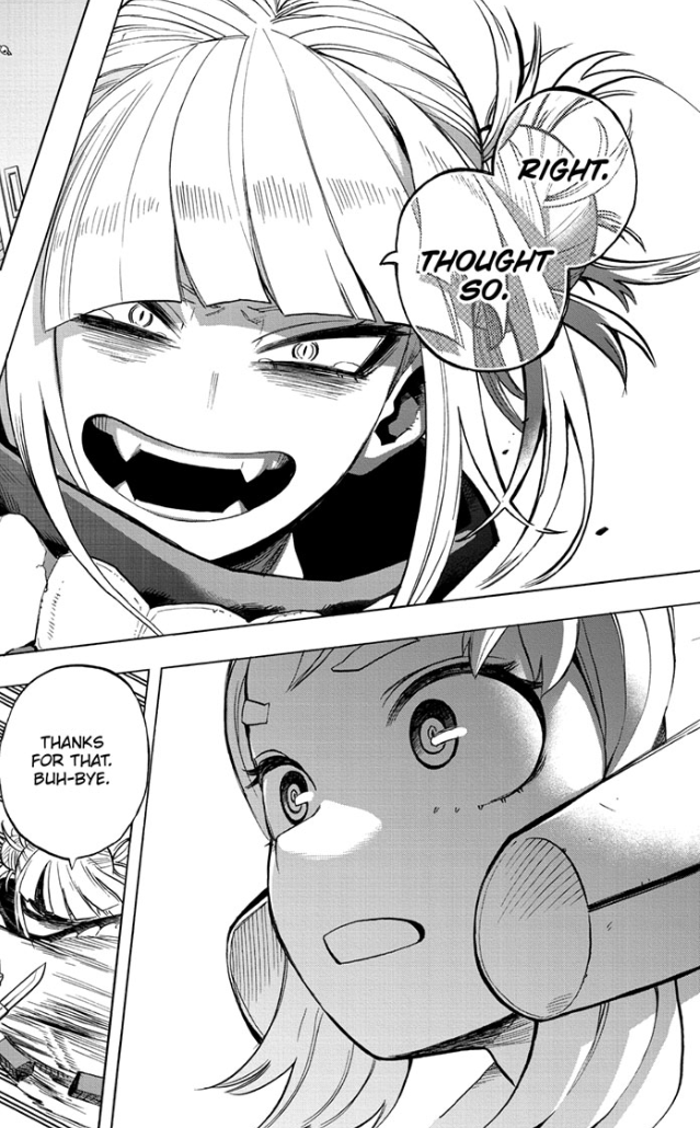 I think seeing Toga cry is going to send Uraraka to a similar thought process as Deku's current conundrum. "They looked like they needed help, but should I help them?" This may even lead to them confiding in each other at some point down the line to throw the shippers (me) a bone