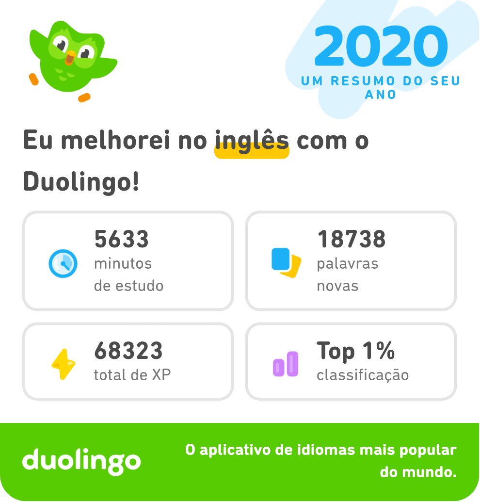Eu aproveitei 2020 ao máximo e aprendi inglês no Duolingo. Confira o meu progresso! #Duolingo365 invite.duolingo.com/BDHTZTB5CWWKTB…