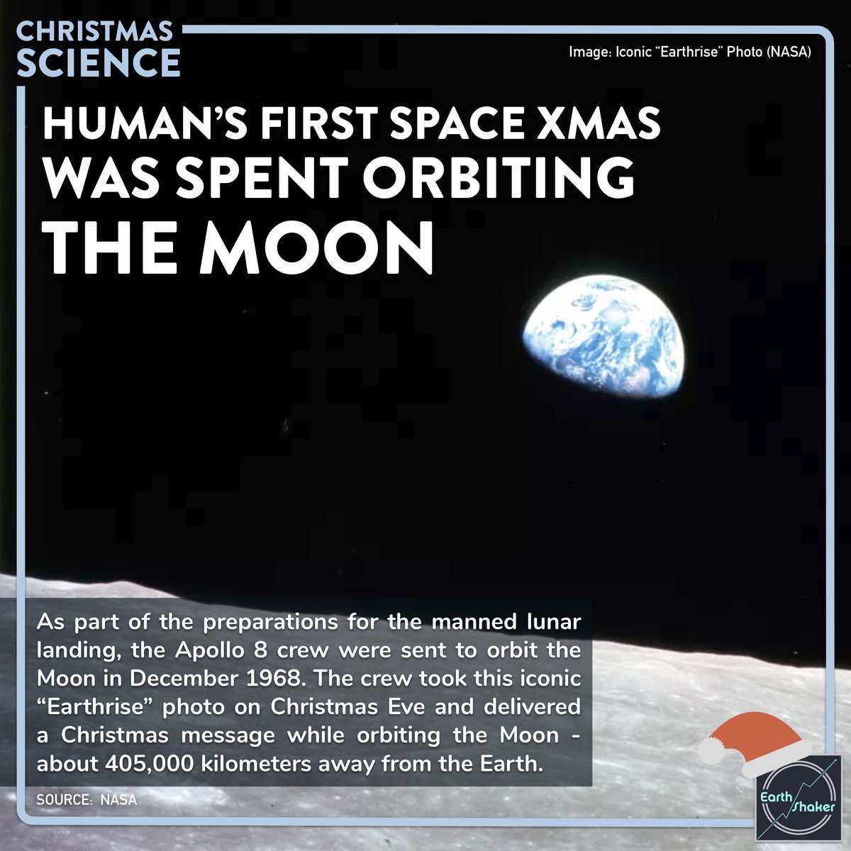 earthshakerph's tweet photo. #XmasScience Human's first space Xmas was spent orbiting the Moon
Do you have an out-of-this-world idea of celebrating Christmas? Apollo 8 astronauts Frank Borman, James Lovell, and William Anders welcomed Christmas while orbiting the Moon.
Read More: https://t.co/ioOf6yuGdi https://t.co/V3P5bivenY