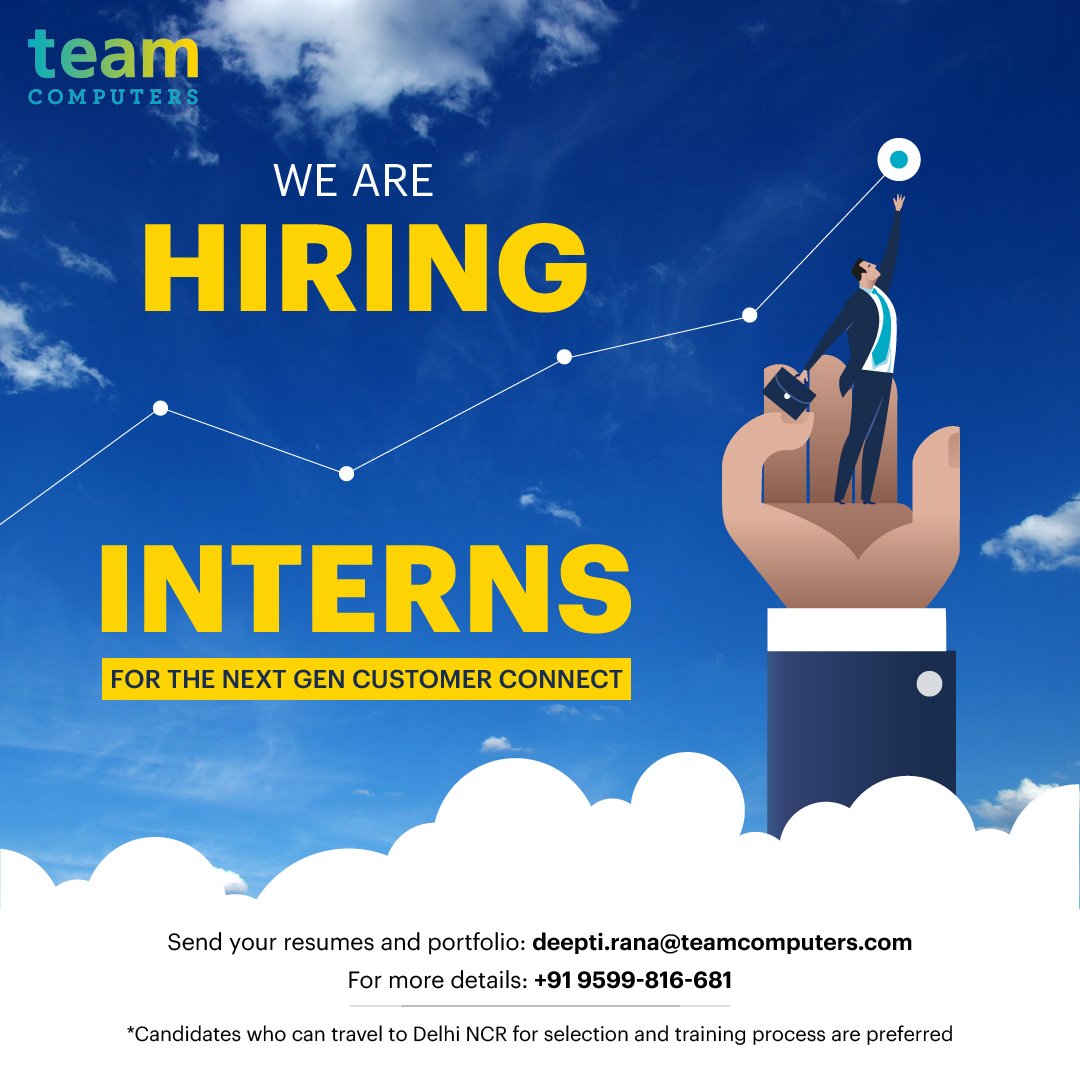 Team Computers is inviting applications for Internship Programme - The Next-Gen Customer Connect

Willing candidates can share their resumes at -
deepti.rana@teamcomputers.com

#customerconnect #internship #opportunity #learning #training #digitalengineering #hrinternship