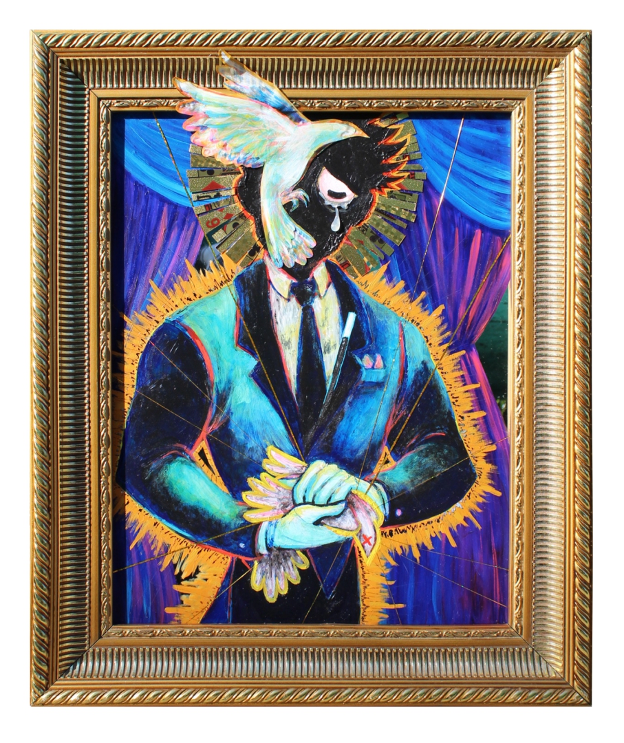 BigTopArtist's tweet photo. "Mourning" 2020. Mixed media on Mirror, 17.75in x 14.75in. #sacramentoart #magician I took inspiration from religious paintings of the Virgin Mary. https://t.co/jJYbheR6GH