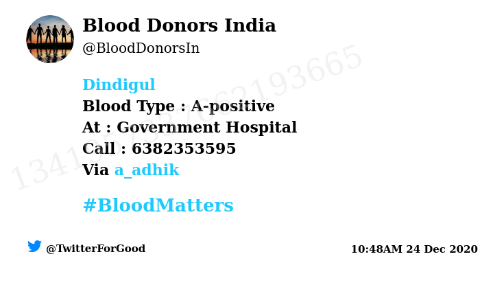 BloodDonorsIn's tweet photo. #Dindigul
Need #Blood Type :  A-positive
At : Government Hospital
Blood Component : Platelets 
Number of Units : 2
Primary Number : 6382353595
Secondary Number : 9789490432
Patient : Logesh
Via: @a_adhik
#BloodMatters
Powered by Twitter https://t.co/RAtvldhvOx