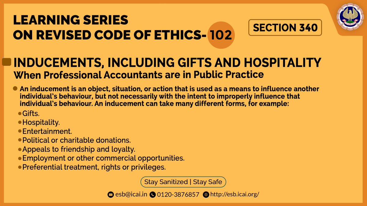 icaiesb's tweet photo. Offering or accepting inducements by a #CA in public practice might create a self-interest, familiarity or intimidation threat to compliance with the principles of integrity, objectivity & professional behaviour.
#EthicalStandardsBoard #icaiesb #theicai #EthicalBoard #CodeOfEthic https://t.co/s0c5lWVicF