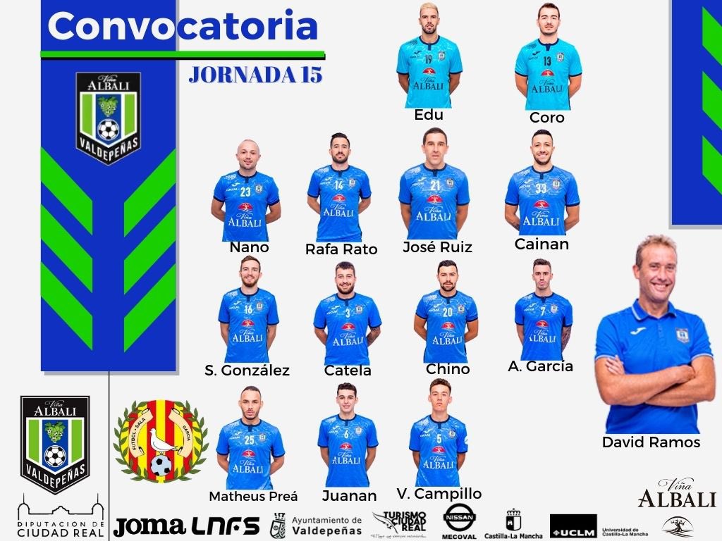 VinaAlbaliFS's tweet photo. Esta es la convocatoria de @davidramosb13 para el partido de esta tarde ante @fsalagarcia 💪

Recuerda que puedes seguir el partido por @CMM_Play y @LaLigaSportsTV 

#ViñaAlbaliValdepeñas #ViñaAlbaliVVsSantaColoma https://t.co/W7aMEUJgZS