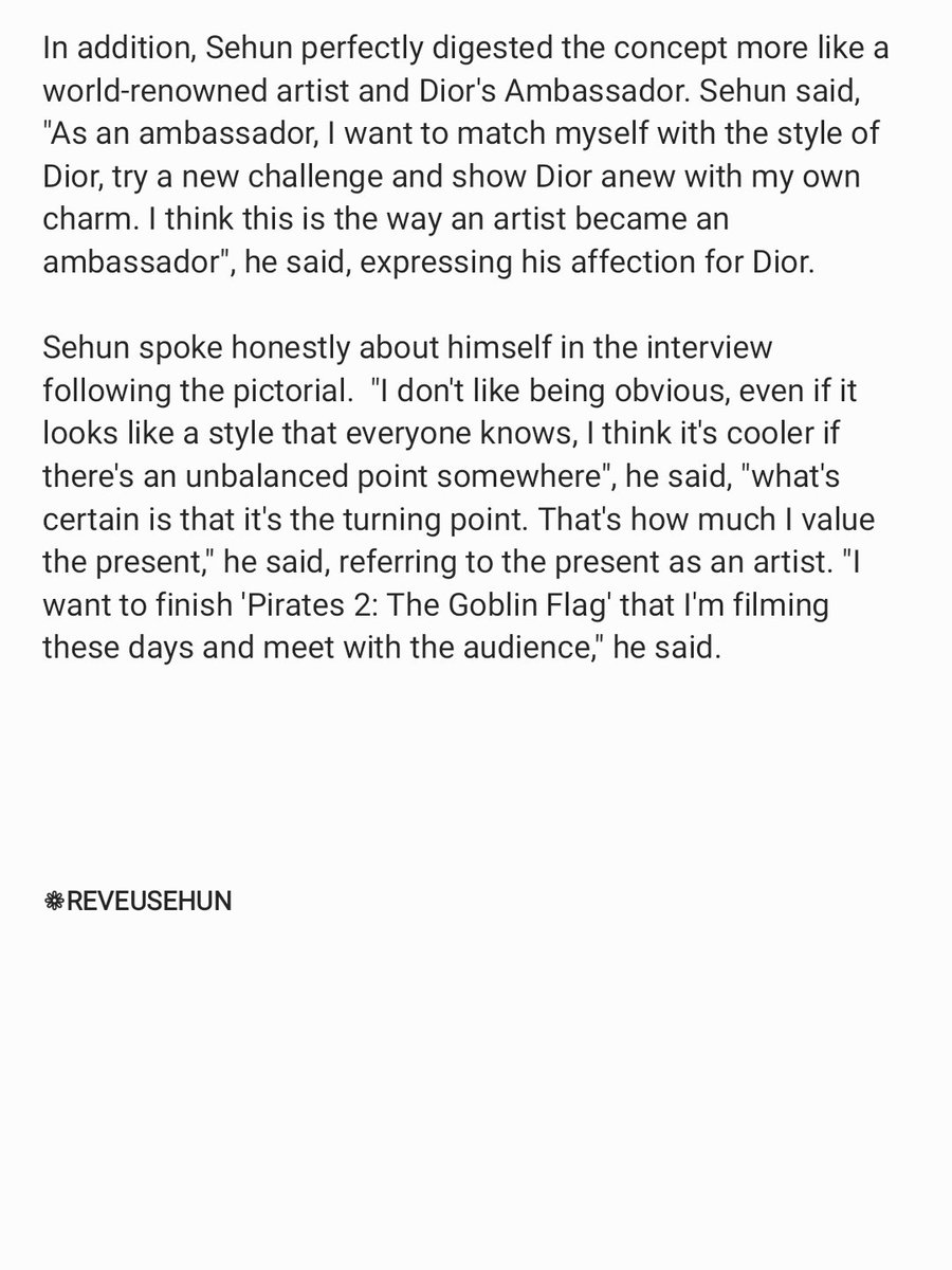 December 22~Through the interview that Sehun did for Dazed Korea magazine, we finally learn that he is the ambassador for Dior #DiorAmbassadorSehun  #SEHUN  #세훈  #엑소세훈  http://naver.me/GiURKC5B translation: reveusehun