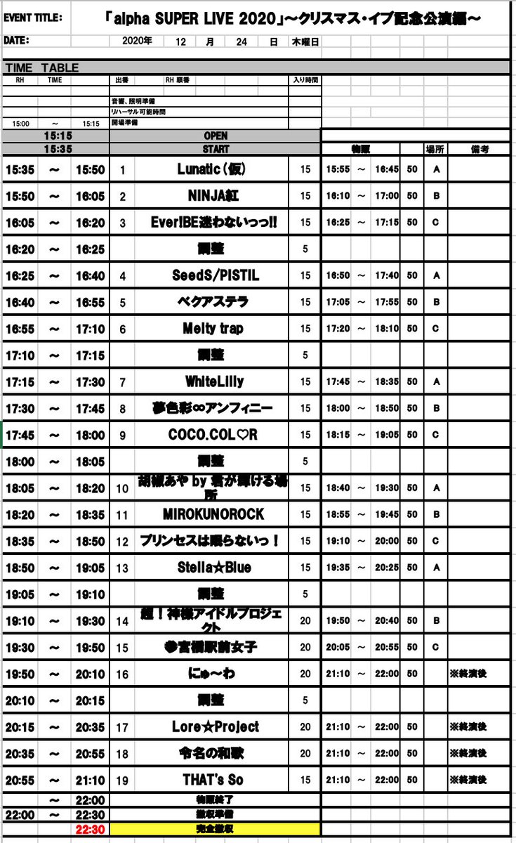 2020年12月24日(木)

■タイトル　『alpha SUPER LIVE 2020 vol.43』

■会場　 赤羽ReNY alpha(東京都北区赤羽1丁目7-9 赤羽第一葉山ビルB2)

■販売　
通常：eplus.jp/sf/detail/3360…

■出番
20:15-20:35

■物販
21:10-22:00