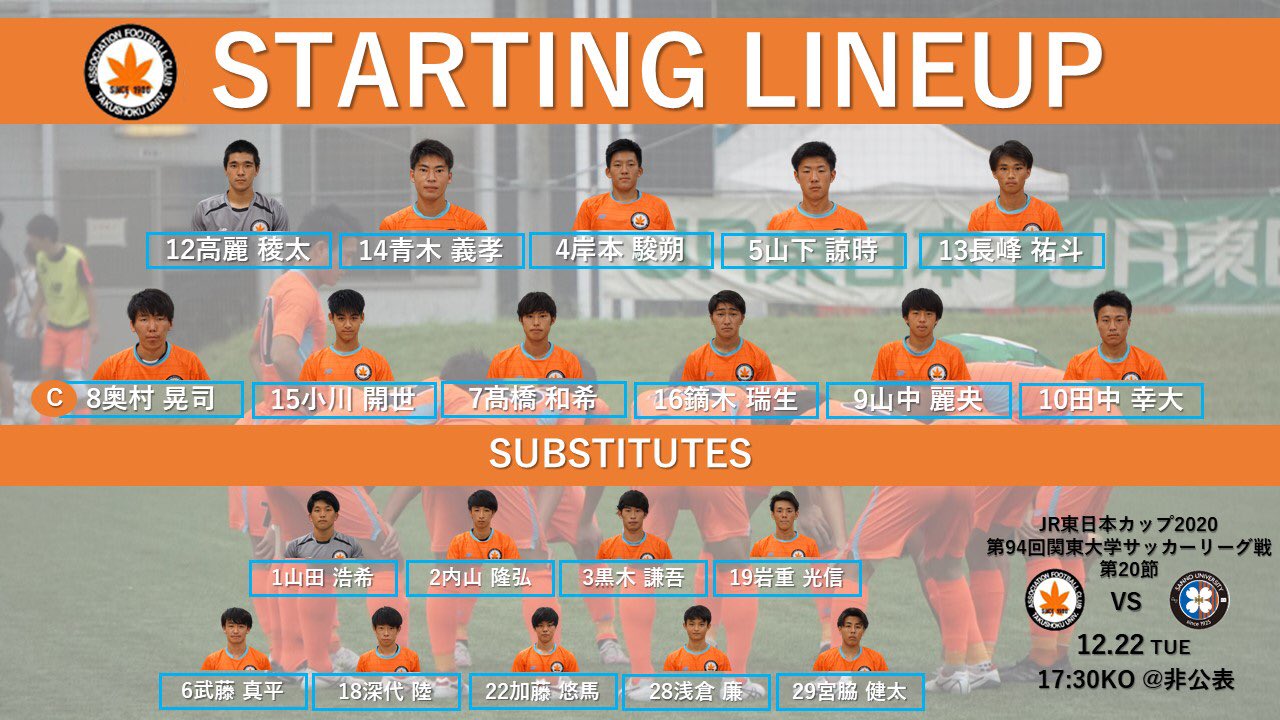 拓殖大学麗澤会体育局サッカー部 12 22産能大戦 Starting Lineup 本日のメンバーはこちら 青木義孝 がスタメンに復帰 拓大サッカー部のみんなの想いをひとつにして勝利を掴み取りましょう 17 30キックオフ ご声援よろしくお願いいたし 拓殖大学麗澤会体育局サッカー部 12 22産能大戦 Starting Lineup 本日のメンバーはこちら 青木義孝 がスタメンに復帰 拓大サッカー部のみんなの想いをひとつにして勝利を掴み取りましょう 17 30キックオフ ご声援よろしくお願いいたし