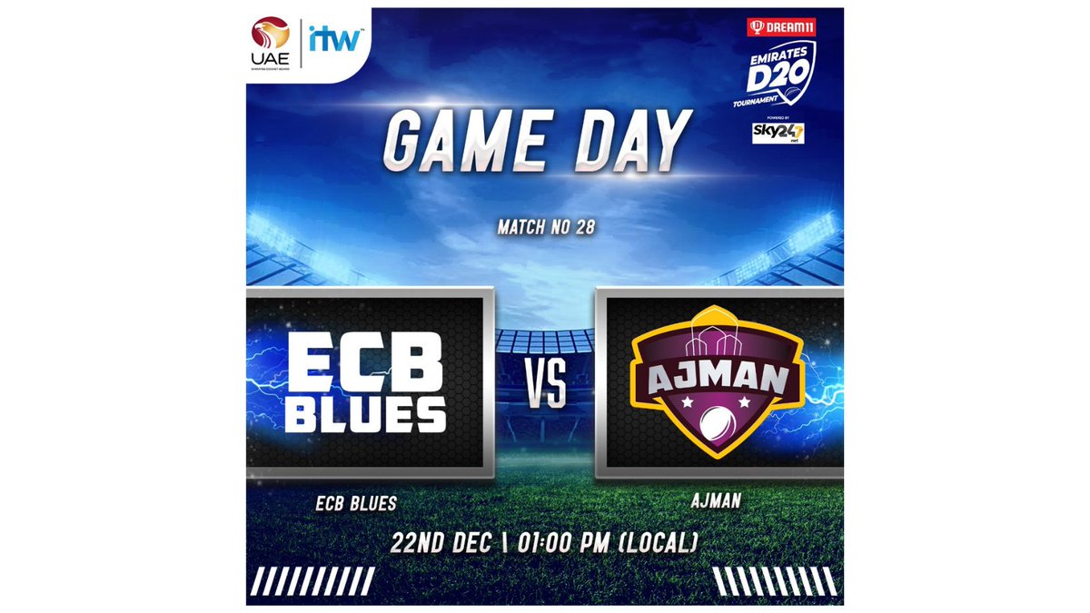 EmiratesCricket's tweet photo. It's the last pool day in @Dream11 #EmiratesD20 &amp; proceedings get underway @DubaiStadium in just over an hour with #ECBBlues v #Ajman.

#GameOn https://t.co/P1LKGoXaQx