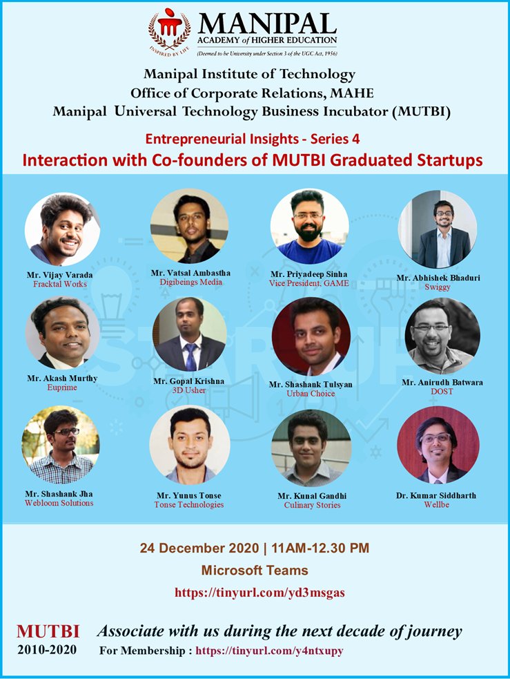 MAHE : Interaction with Co-founders of MUTBI Graduated Startups 
Join here: tinyurl.com/yd3msgas
#startup #mahe #manipal #mutbi #Incubator #mit #education #healthcare #medis #IT #game #technology #design #cullinary #hotel #restaurant #webinar #enterpreneur #enterpreneurmindset