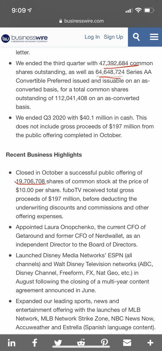 3)  $fubo mrkt cap on every platform is listed @ 3.5B however that’s not accurate. The latest filing shows outstanding share count is not 65M as shown on brokerage sites but 132M + 4.6M warrants at 4.65/share!This company is over 2x as expensive as ppl think @ 8B+ mrkt cap already