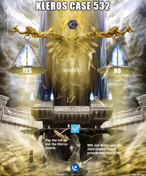 (1/X) And so it begins...The  @Kleros_io case 532 is opened for arbitration and it will be a gripping debate to follow the next few days while the bull market takes a breather.Follow this thread if you want to know all about it. #Biden  #Trump  https://twitter.com/Omen_eth/status/1341214020301295619