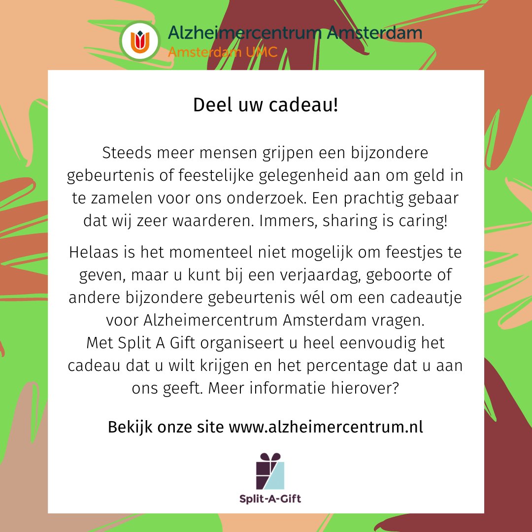 AlzheimerAms's tweet image. Het is weer #DonatieDinsdag! 🤝 Wilt u uw cadeau met ons delen ten bate van ons onderzoek?
Met @Splitagift organiseert u heel eenvoudig het cadeau dat u wilt krijgen en het percentage dat u aan ons zou willen geven. Meer info hierover? bit.ly/34ob8yH. #SharingIsCaring