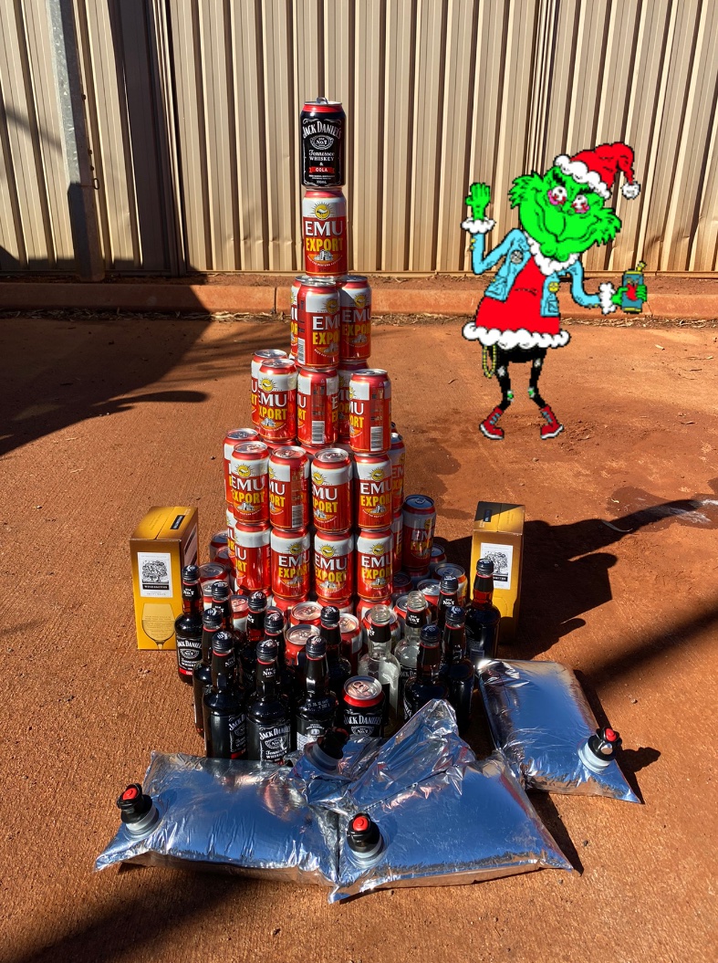 NewmanPolice's tweet photo. The Grinch has been doing the rounds at Xmas parties around Newman and Parnpajinya Community. To avoid him stealing your grog - please no drinking at Liquor Restricted Premises! Newman Police &amp; Pilbara Traffic joint patrols. #fb https://t.co/13N8EXE4mQ