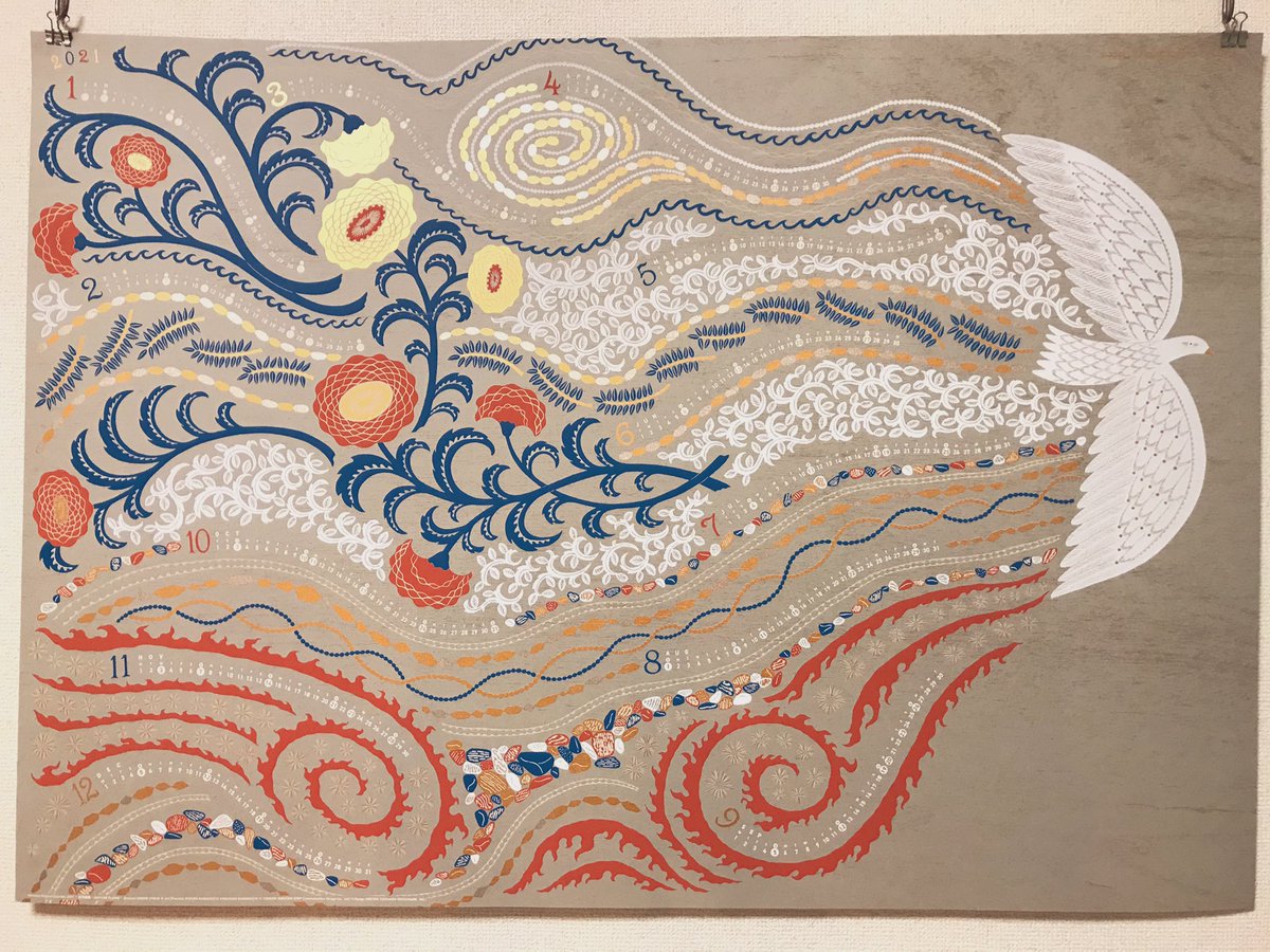 千海 博美 お仕事 三機工業 株 さんの21年カレンダーのイラスト を担当しました B1サイズのシルクスクリーンポスターです テーマは 五行興隆 木火土金水の気流を悠然と飛ぶ白い鳥を描きました