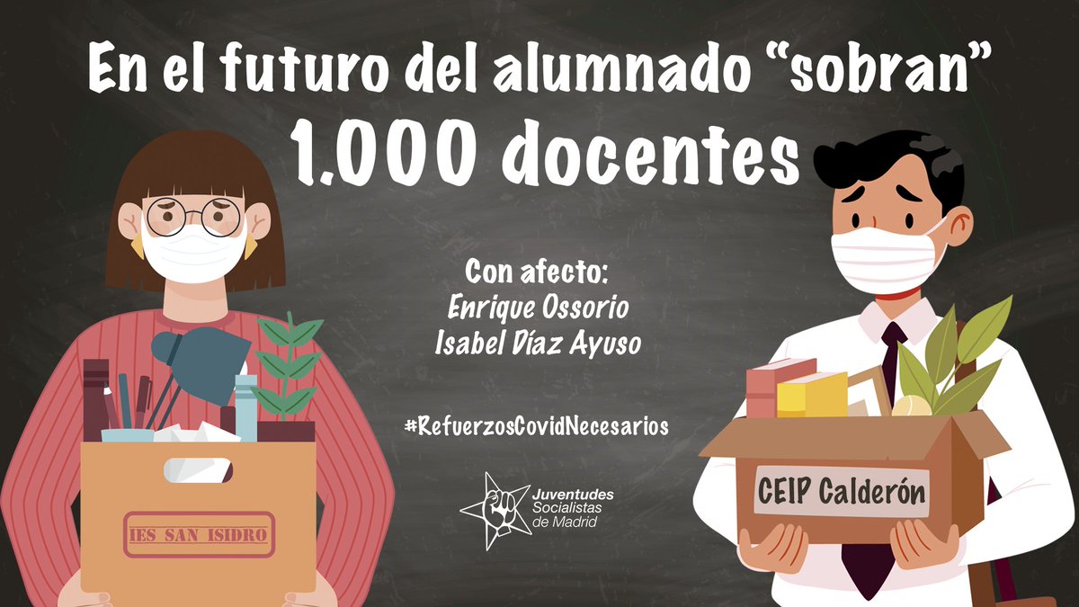 JSMadrid's tweet photo. Les hicieron dejar sus trabajos bajo la promesa de acompañar a sus alumnos durante todo un curso. Ahora mil docentes 👩‍🏫👨‍🏫 vuelven al paro en nuestra región.

Sobran profesores, sobran sanitarios, para el Gobierno de Díaz Ayuso sobra servicio público 🤬.

#RefuerzosCovidNecesarios https://t.co/NLZfisY4Tu