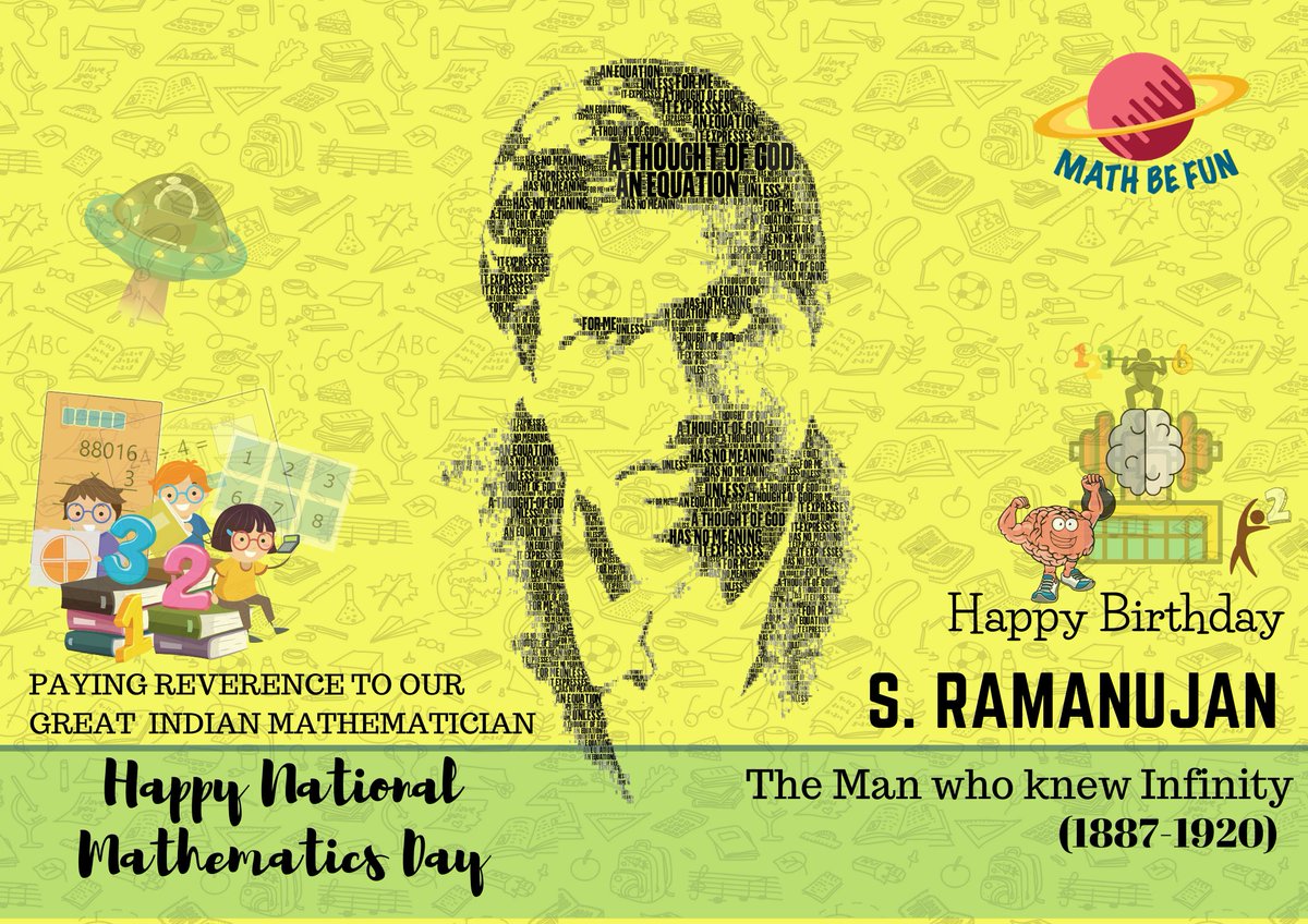 unleashmaths's tweet photo. Happy Natonal Mathematics Day
#National #maths #Ramanujan #NationalMathematicsDay #themanwhoknewinfinity #mathsday #Mathematics #SrinivasaRamanujan #MathematicsDay #Infinity #mathbefun #devpatel
@mathemaniac @ImMathematicia2 @YouMustShowWork @mathsphdcareers @maths_ast https://t.co/d4QlQSEcTx