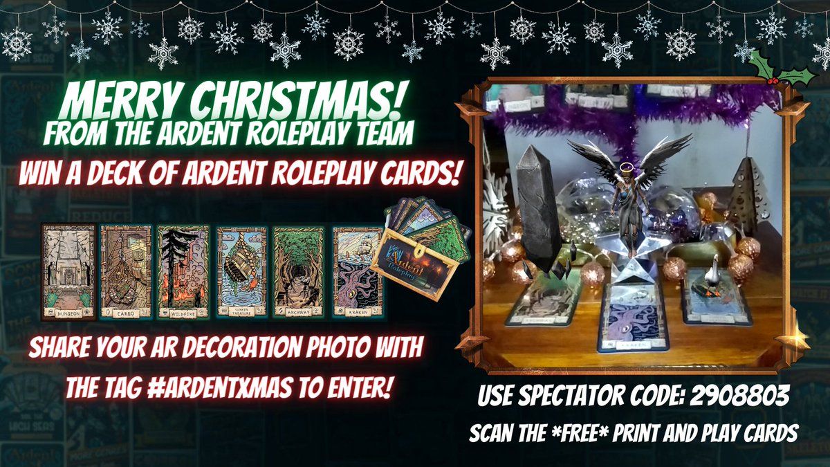 Happy Holidays from us to you, Adventurers!
To celebrate we're giving away a deck of AR cards!

-Download the AR app, &amp; use the code to join our Xmas campaign!
-Scan the PnP cards at ardentroleplay.com/pnp
-Post your photo with #ardentxmas
We'll choose a favourite on Boxing Day!