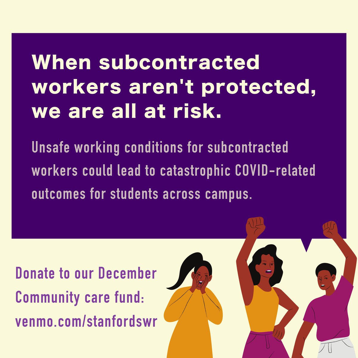 stanford_swr's tweet photo. those botched COVID vaccinations were only the beginning

@Stanford *aggressively* undermines the safety of essential workers w/ unsafe working conditions + punitive testing protocols

institutions fail us. but we don't have to fail each other. donate 💜✊🏽 https://t.co/P54LDkejDm https://t.co/iGMMU6WBoB