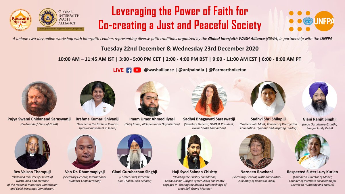 Join our @wash_alliance & @UNFPAIndia at 10:00 am IST this morning for a special, historic 2-day webinar on the role of #Faith & #faithleaders in creating #Peaceful #Sustainable societies w/#justice & #HumanRights for all, especially our #women & #girls. 

#SDGs #GlobalGoals