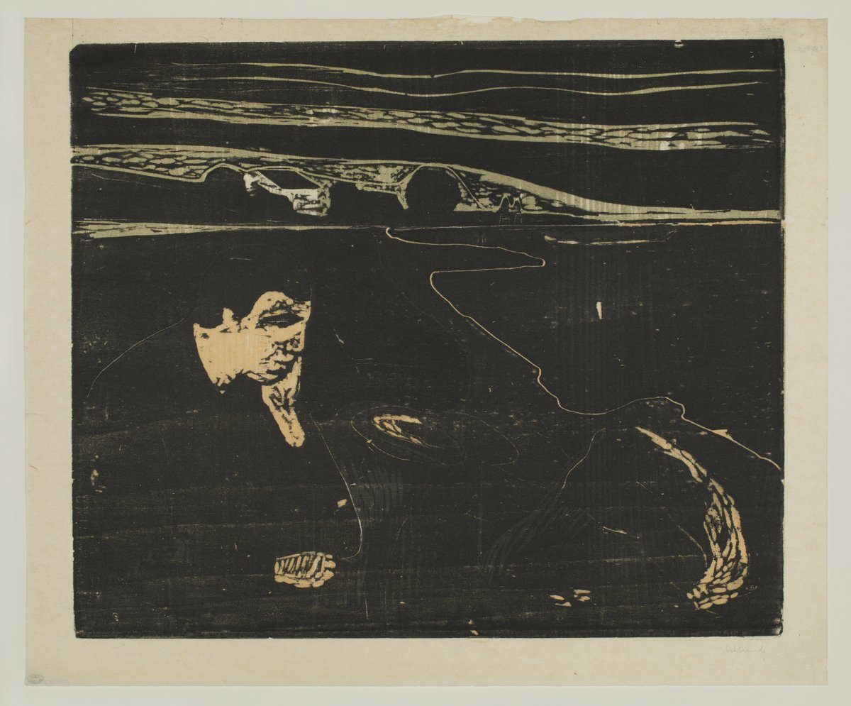 StlArtMuseum's tweet photo. The shortest day of the actual longest year of all time is over. Edvard Munch understood. Made from a hand-carved block of wood, 'Evening. Melancholy I' shows rough gouges &amp; wood grain, techniques he used to strengthen his art’s psychological intensity. https://t.co/dl7Qrx4QjP https://t.co/MJHBHMePGt