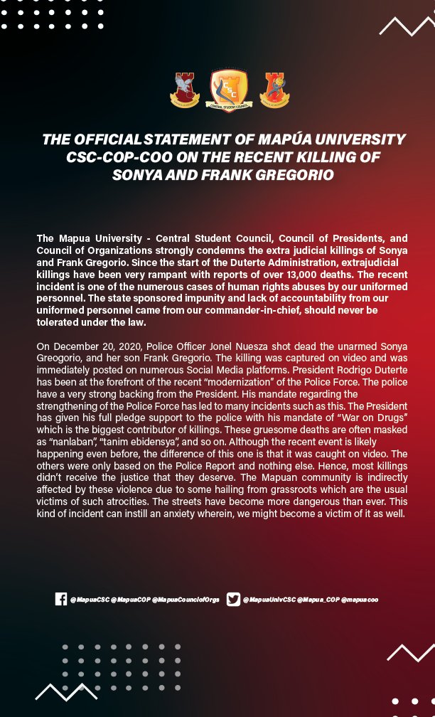 MapuaUnivCSC's tweet photo. [December 22, 2020]

The Mapua University - Central Student Council, Council of Presidents, and Council of Organizations drafted a statement regarding the recent killings of Sonya and Frank Gregorio. https://t.co/Iq6MxFQKsr