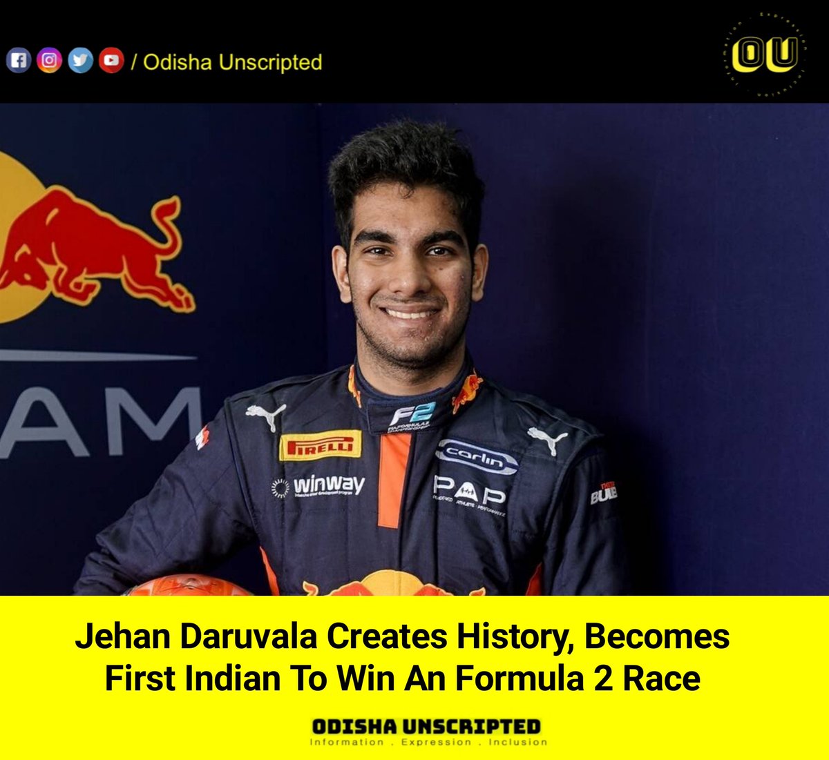 odisha_unscript's tweet photo. Jehan Daruvala creates history, becomes first Indian to win an Formula 2 race.
#odishaunscripted
#JehanDaruvala
#history
#indian
#formula2race
#redbull https://t.co/a3ud3vdqa9