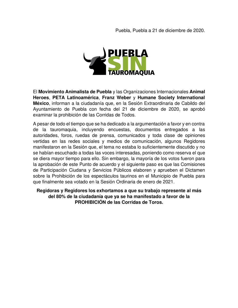 🟢 Pronunciamiento respecto a la aprobación del Punto de Acuerdo para examinar la Prohibición de las Corridas de Toros en el Municipio de Puebla. <a href="/RegidoresPue/">Regidoras y Regidores</a>

@_AnimalHeroes_ <a href="/PETA_Latino/">PETA Latino</a> <a href="/ffw_es/">Fundación Franz Weber</a> @HSI_Mexico