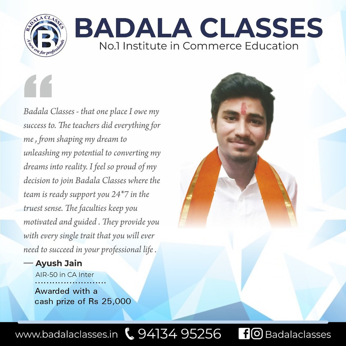 BadalaClasses's tweet photo. Our success lies in theirs!!
What our toppers speak - Part 4
Ayush Jain - AIR 50 in CA - Inter
#badalaclasses #badalians #toppersspeak #alwaysonthetop #icai #cainter https://t.co/8gywtGGsp5