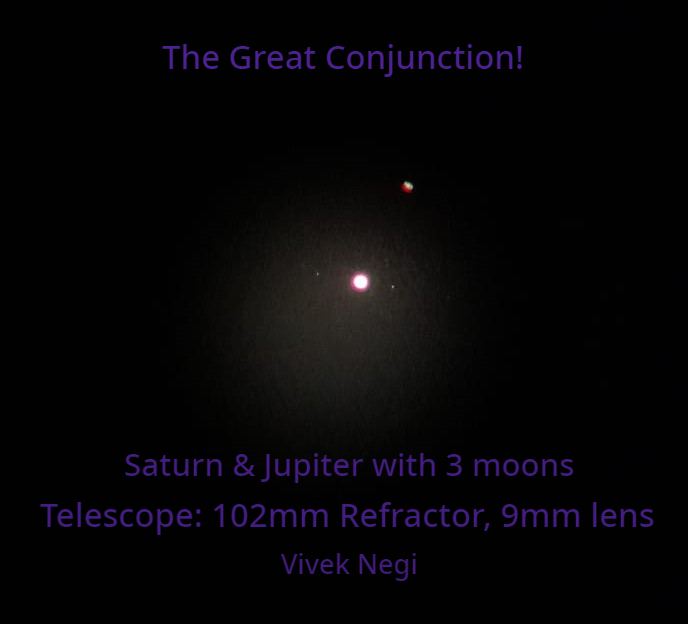 JrinLab's tweet photo. The great conjunction - Managed to capture Saturn &amp; Jupiter with its 3 moons in a single frame. (Taken through a telescope)!
Moon on the left - Europa
Moon on the right - Ganymede
Moon on the extreme right (blurry spec) -  Callisto
@himalayputra @NegitheLogger @kohar_vivek https://t.co/8YkQr3aQUU