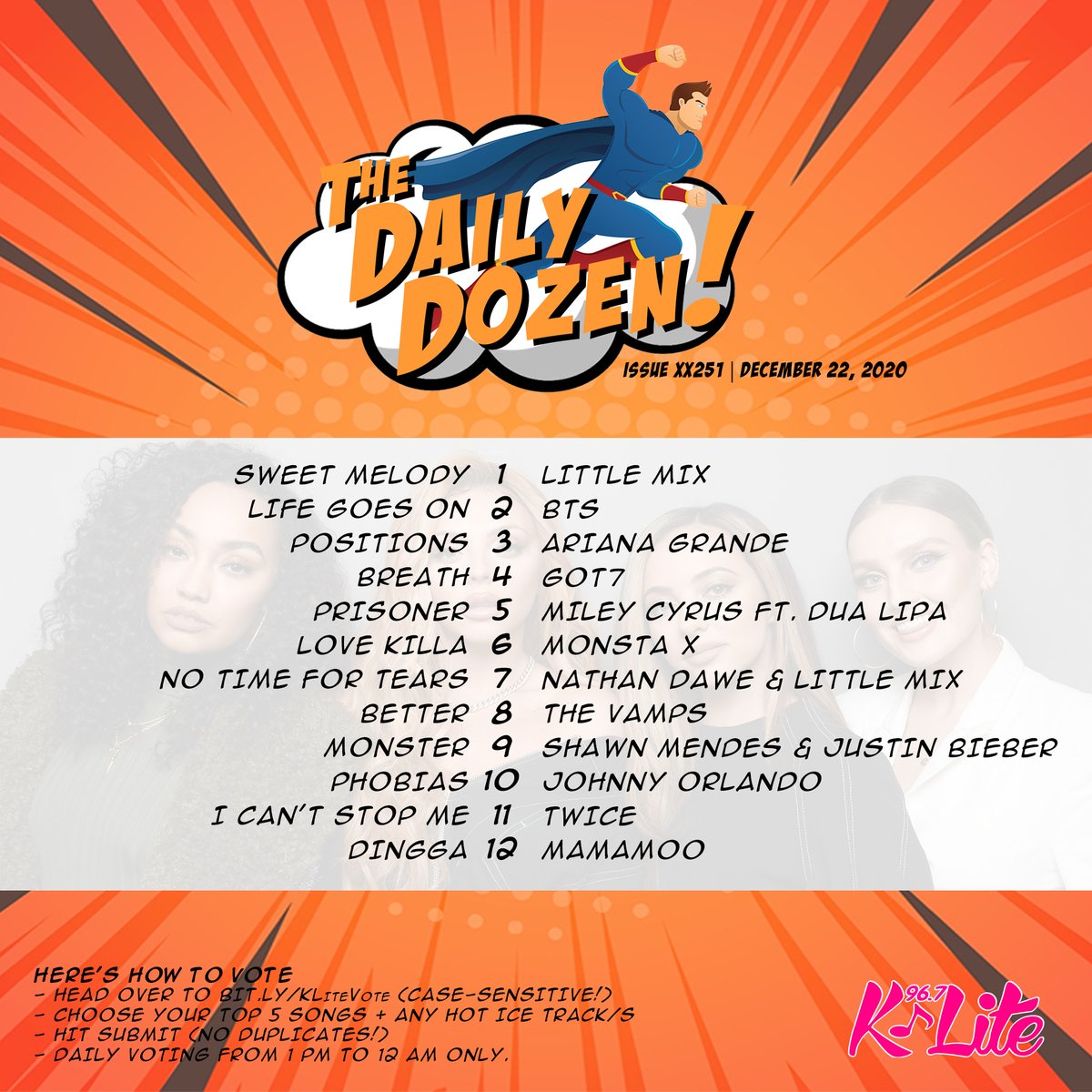 With TWO MORE regular #DailyDozen shows lined up for 2020, Little Mix raises their banner high with SWEET MELODY on top of our charts!

Stay tuned for next week's #YearendSpecial from December 28 to 30!