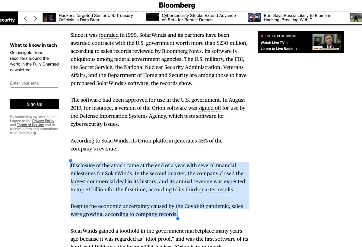 No wait a minute “According to SolarWinds, its Orion platform generates 45% of the company’s revenue...”Since Orion generates THAT much revenue you‘d think security would be paramount WTFINGF putting profit above actual security WTF https://www.bloomberg.com/news/articles/2020-12-21/solarwinds-adviser-warned-of-lax-security-years-before-hack