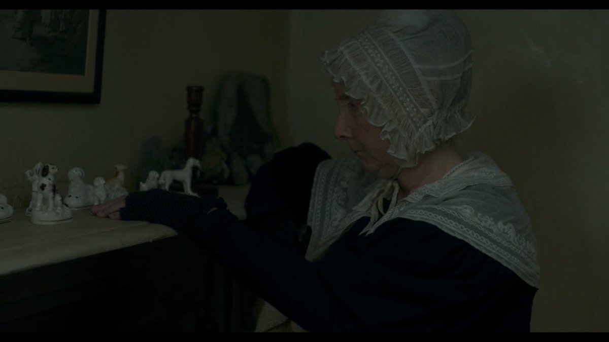 In  #Ammonite, Mary Anning's elderly mother, Molly, always cleans her porcelain figurines. Francis Lee  @strawhousefilms on the symbolism:The film is about "loss and loneliness." Molly lost 8 babies. The figurines were "the physical manifestation of her loss of those children."