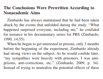 Back to that "Zimbardo had a press release on day 2 of the study" -- I cannot get over that -- but don't miss the beginning of this section of the paper. He had developed an interest in prisons... a *whole* 3 months earlier. I see you, white man!