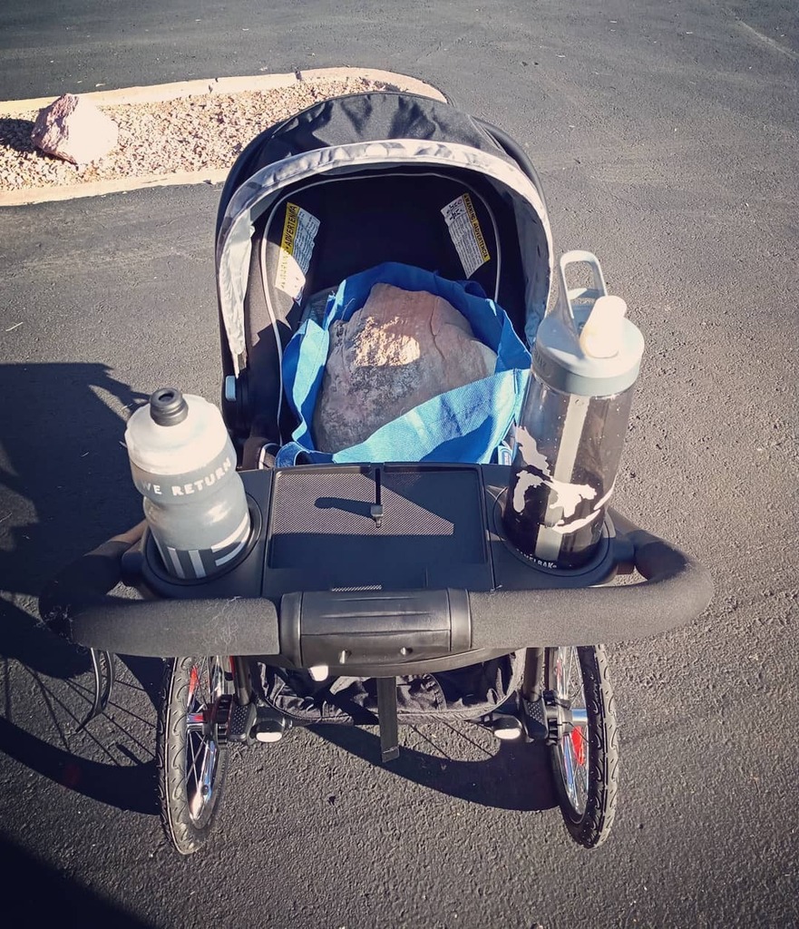 Geo_JackJack's tweet photo. You know you're a geologist when you test out your new running stroller and use a rock as the "baby". #runningstroller #geologist #ilikerocks #navajosandstone #crossbedding #31weekspregnant https://t.co/x3WA2Vk2NX https://t.co/ZURcHH7Uw7