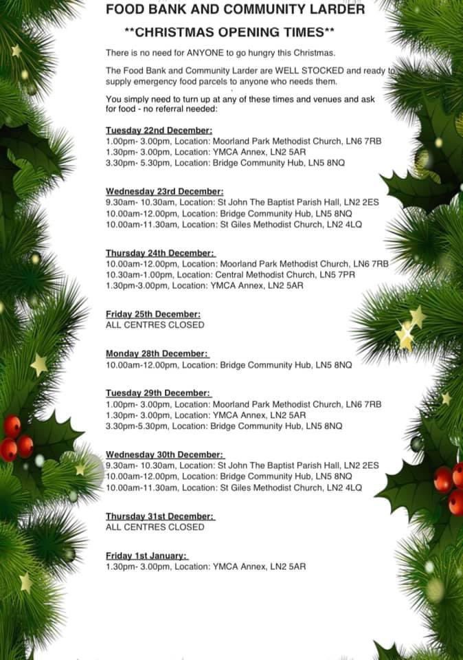 If you or you know someone that needs food over Christmas here are the opening times! You can get a referral by phoning 01522 873382 or you can just turn up at one of our or <a href="/linclard/">Lincoln Larder</a> centres! 

There is no need for ANYONE to go hungry!