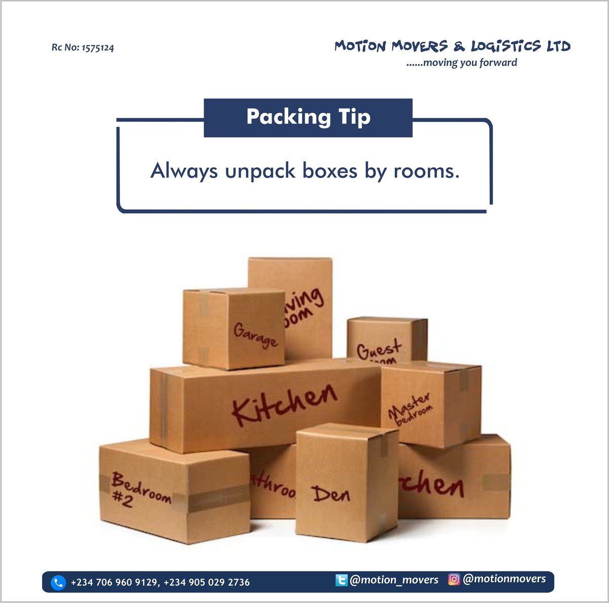 Motion_Movers's tweet photo. Always unpack boxes by rooms. Contact us for your professional moving service. We are just a phone call away. #motionmovers #packers #movers #logistics #movingtip #relocationservice #delivery #courierservice #tip https://t.co/AmKRGgOsle