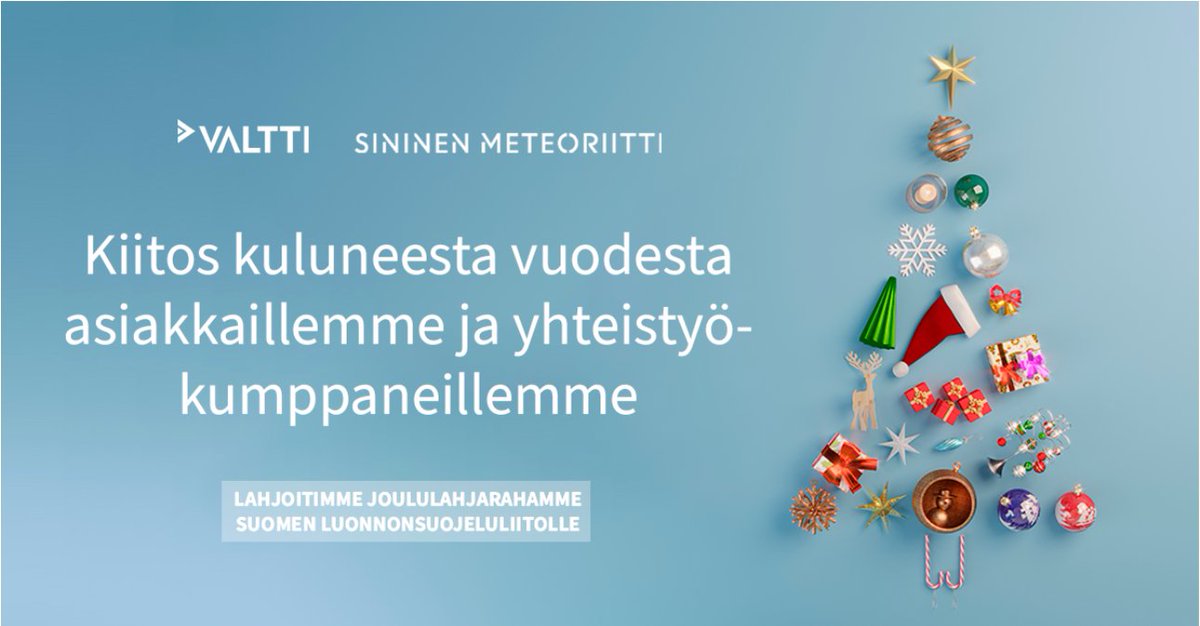 Lahjojen antaminen on aina mukavaa. Tämän vuoden joululahjavarat olemme suunnanneet Suomen luonnonsuojeluliitolle.

bit.ly/38iNPaK

#joulukalenteri #Suomenluonnonsuojeluliitto #ValttiKumppanit