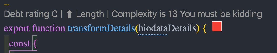 B4bharat's tweet image. So great of #CodeMetrics #VSCode plugin to point at the fact that I wasn't following the 'Single Responsibility Principle' in my function.
Image #1 shows the complexity before refactoring.
Image #2 points me to 'arrow function' and a 'function declaration' statement... (1/4) 🧵
