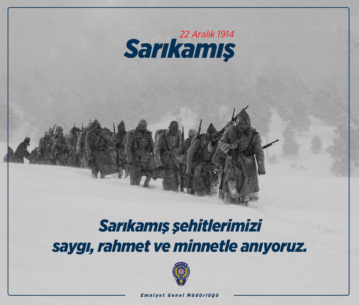 #Sarıkamış Harekâtı'nın 106. yıl dönümünde, Allahuekber Dağları'nda geri dönmeyi düşünmeyerek şehit olan kahraman ecdadımızı rahmet ve minnetle anıyoruz.

Ruhları şad olsun.🇹🇷