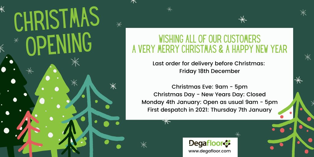 🎄 Christmas Opening 🎄

A reminder of our Christmas opening hours. Wishing all of our customers a very Merry Christmas and a Happy New Year. 

The team at Degafloor