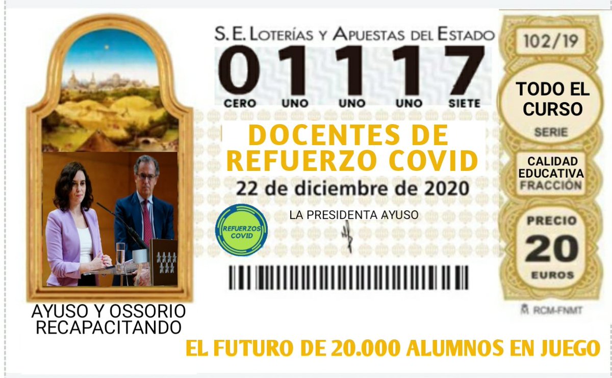 RefuerzosCovid's tweet photo. 1.Tenemos este décimo, dicen que las probabilidades de que te toque la lotería de Navidad son remotas como también que el señor @eossoriocrespo recapacite y premie a nuestro alumnado con refuerzo educativo todo el curso, pero sería tan bonito y merecido
#loteriadenavidad2020 https://t.co/izOb3d9liB