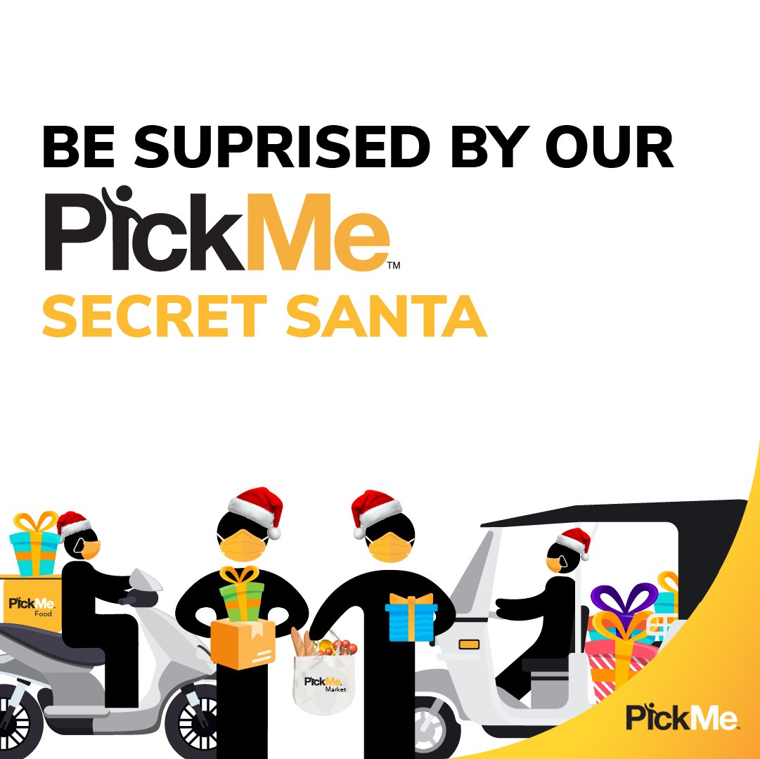 PickMeLK's tweet photo. Surprise!!!! Our not-so-secret Santas are out and about to surprise you with gifts and spread the spirit of the season this Christmas when you use PickMe from today till 25th December!

#PickMeLK #PickMe #PickMeFood #PickMeMarket #PickMeFlash #SriLanka #christmas2020 https://t.co/d3AsMzBxuq