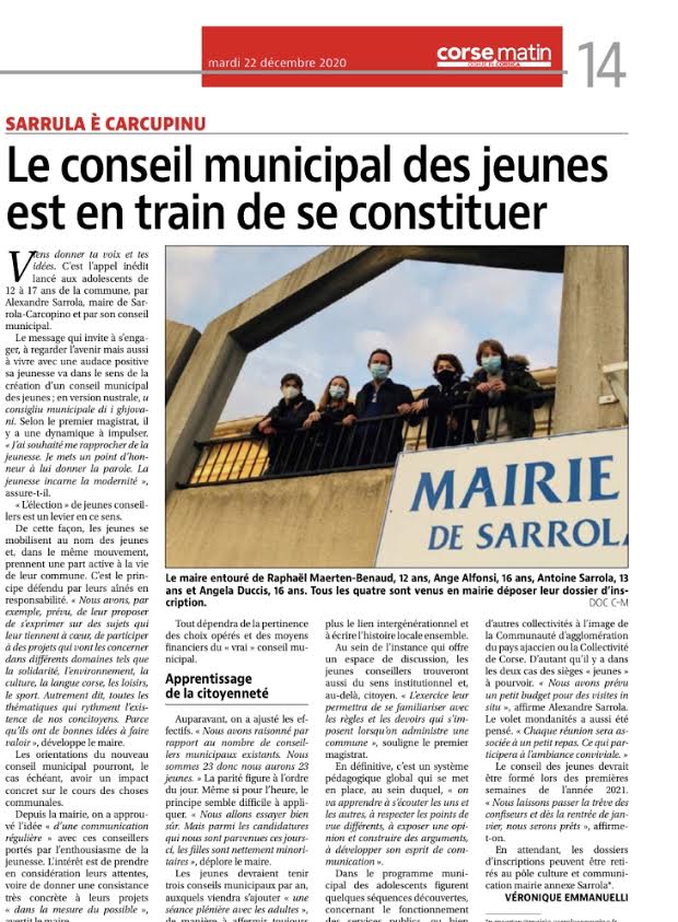 Le Maire Alexandre Sarrola construit son premier Conseil Municipal des jeunes. 
Tu as entre 12 et 17 ans, tu es sarrolaises ou sarrolais (renseignements et inscription : Pôle Culture et Communication : 0612835952 p.maerten@mairie-sarrolacarcopino.fr)